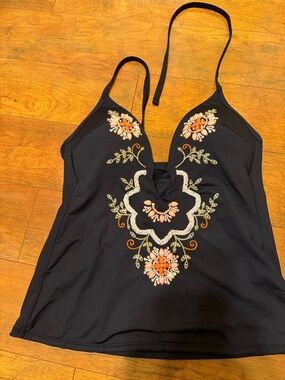 Reaction Kenneth Cole Black Embroidered Halter Camisole with Coral Accents